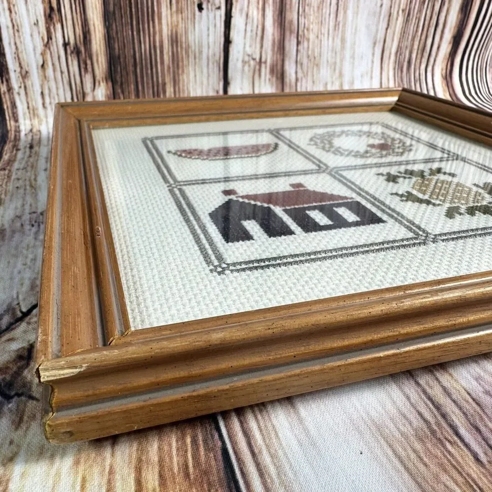 Vintage Cross Stitch House Warming Gift Pineapple Wreath Framed Finished 9x9 - Picture 8 of 11